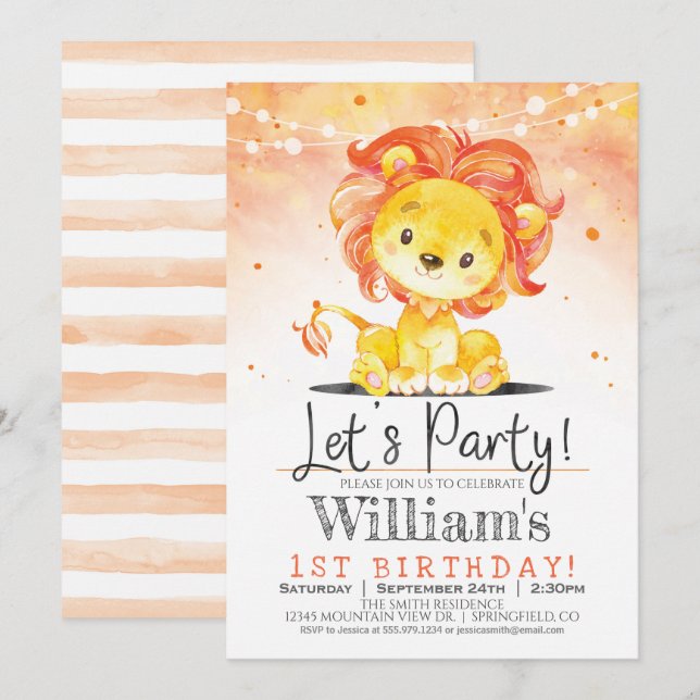 Boy Lion Birthday Party Orange Einladung (Vorne/Hinten)