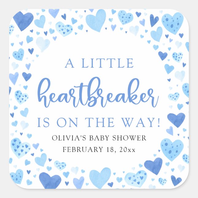 Boy Little Heartbreaker Blue Valentine Baby Dusche Quadratischer Aufkleber (Vorderseite)