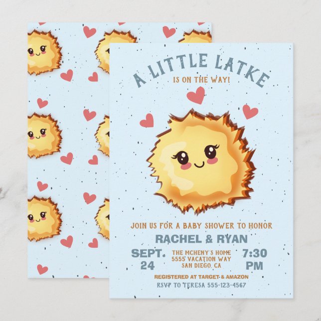 Boy Little Latke Hanukkah Baby Dusche Einladung (Vorne/Hinten)