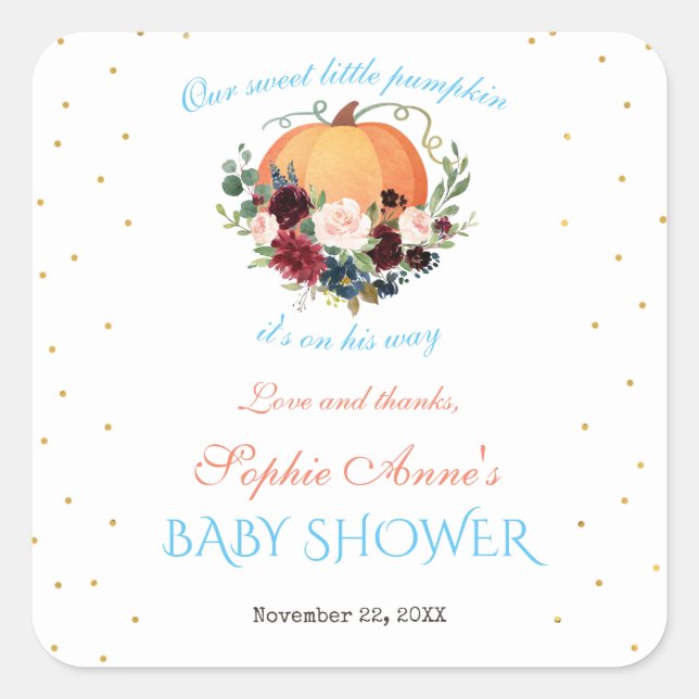 Boy Little Pumpkin Burgundy Floral Baby Showe Quadratischer Aufkleber (Vorderseite)