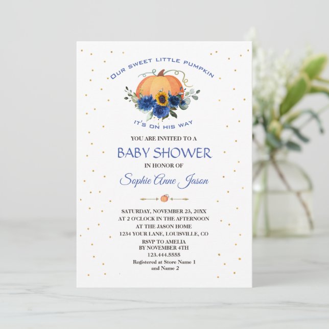 Boy Little Pumpkin Floral Erntedank Babydusche Einladung (Stehend Vorderseite)