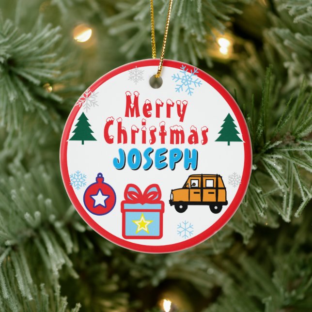 Boy Merry Christmas Trees Orange Car Keramik Ornament (Baum)