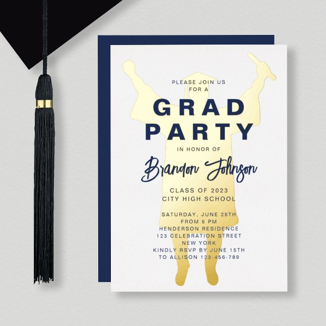 Boy Modern Navy Blue Gold Graduation Party Folieneinladung (Von Creator hochgeladen)