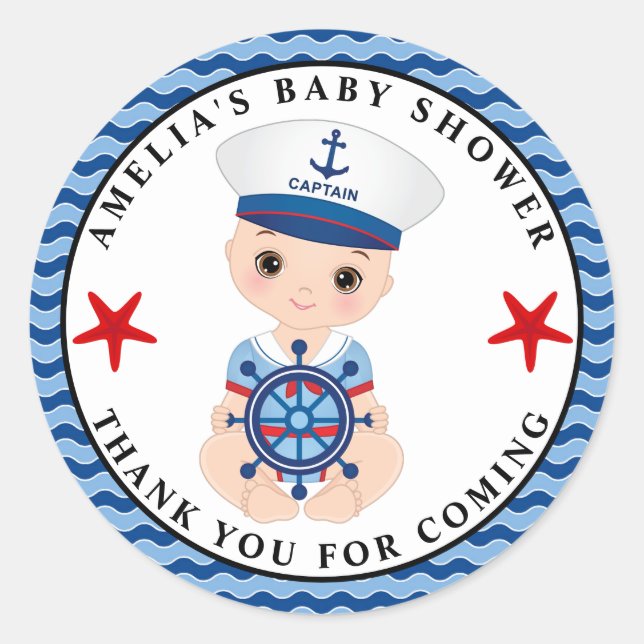 Boy Nautical Baby Shower Classic Round Sticker (Vorderseite)