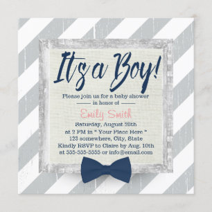 Boy Navy Blue Bow Krawatte Gray Stripes Baby Dusch Einladung