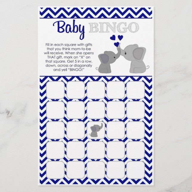 Boy Navy Elephant Baby Shower BINGO Game Chev 366 Flyer (Vorne)
