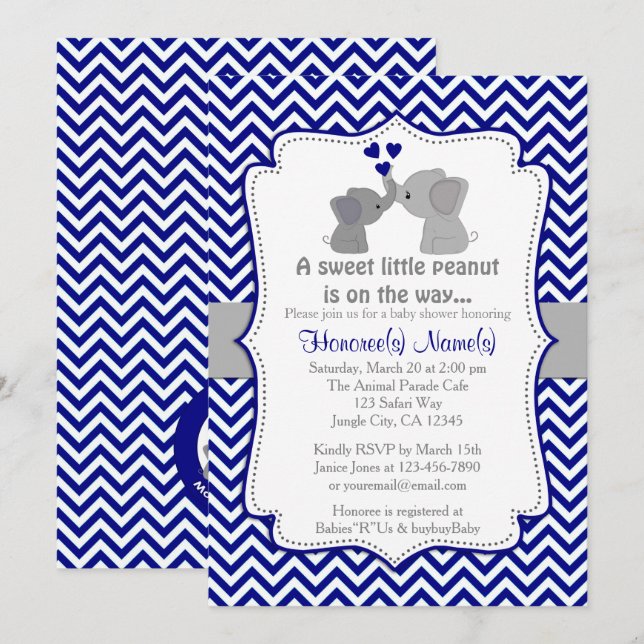 Boy Navy Elephant Baby Shower Einladungen Chev 366 (Vorne/Hinten)