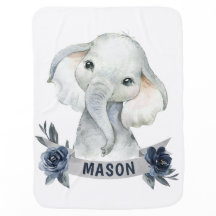 Boy Navy Elephant Rose Baby Blanket Blue