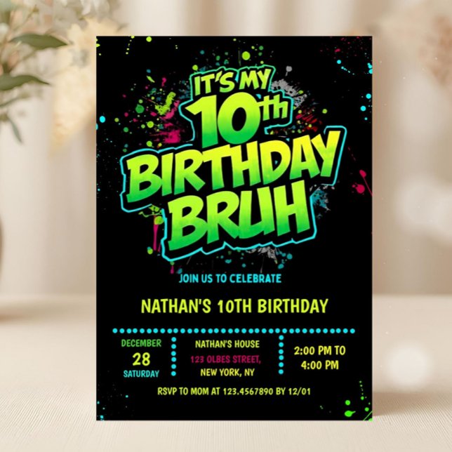 Boy Neon 10th Birthday Invitation Graffiti Style Einladung (neon 10th birthday invitation, double digits birthday invitation, editable double digits invitation,)