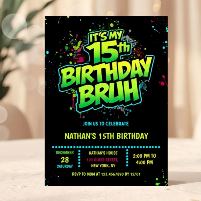 Boy Neon 15th Birthday Invitation Graffiti Style Einladung (neon 15th birthday invitation, fifteen birthday invitation, editable 15th birthday invitation, neon )