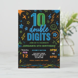 Boy Neon Double Digits 10. Geburtstagsparty Einladung