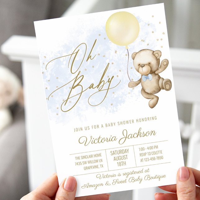 Boy Oh Baby Bear Balloon Baby Shower Einladung (Von Creator hochgeladen)
