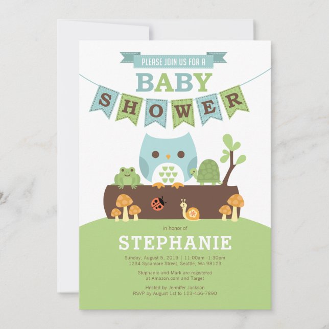 Boy Owl on Log with Friends Baby Shower Einladung (Vorderseite)