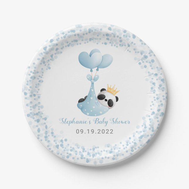 Boy Panda `Bear Blue Balloon Baby Dusche Pappteller (Vorderseite)