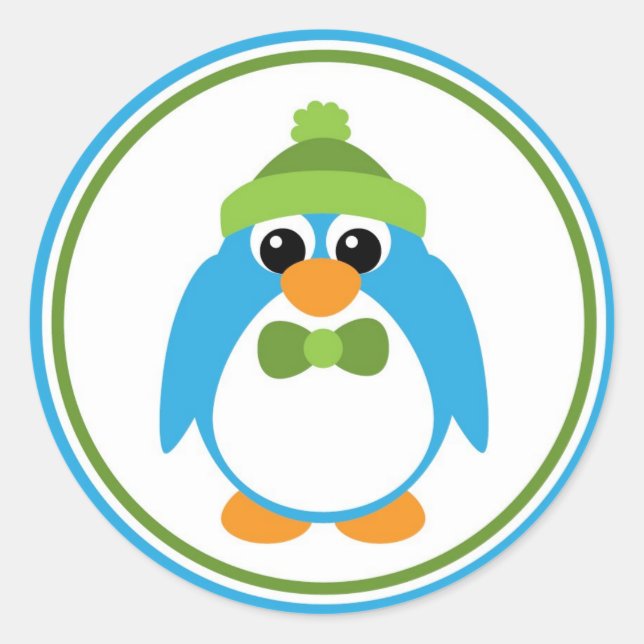 Boy Penguin in Blau und Grün Runder Aufkleber (Vorderseite)
