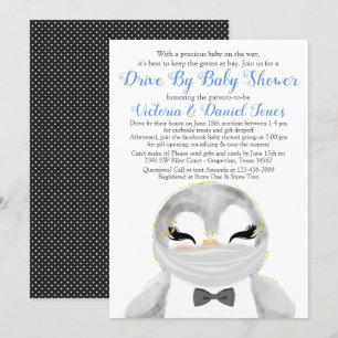 Boy Penguin mit Maske Drive by Baby Dusche Einladung