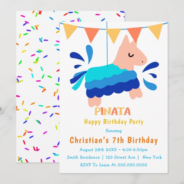 Boy Piñata 7. Geburtstag Einladungen (Vorne/Hinten)