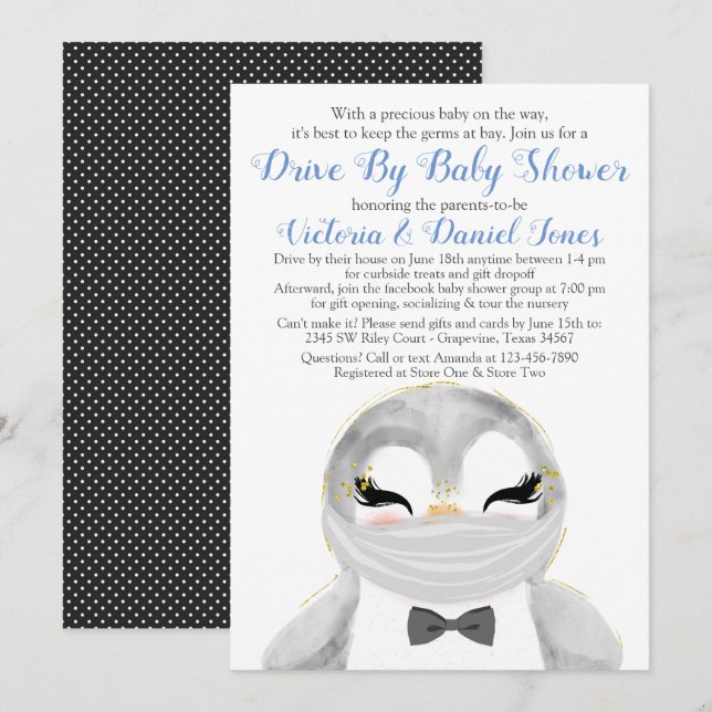 Boy Pinguin mit Maskenantrieb mit Babydusche Einladung (Vorne/Hinten)
