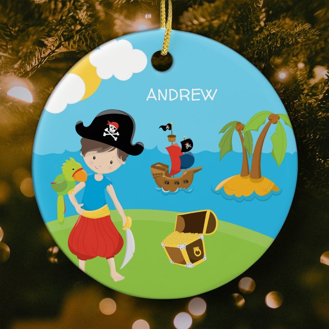 Boy Pirate mit Schatz und Papagei Weihnachten Keramik Ornament (Von Creator hochgeladen)