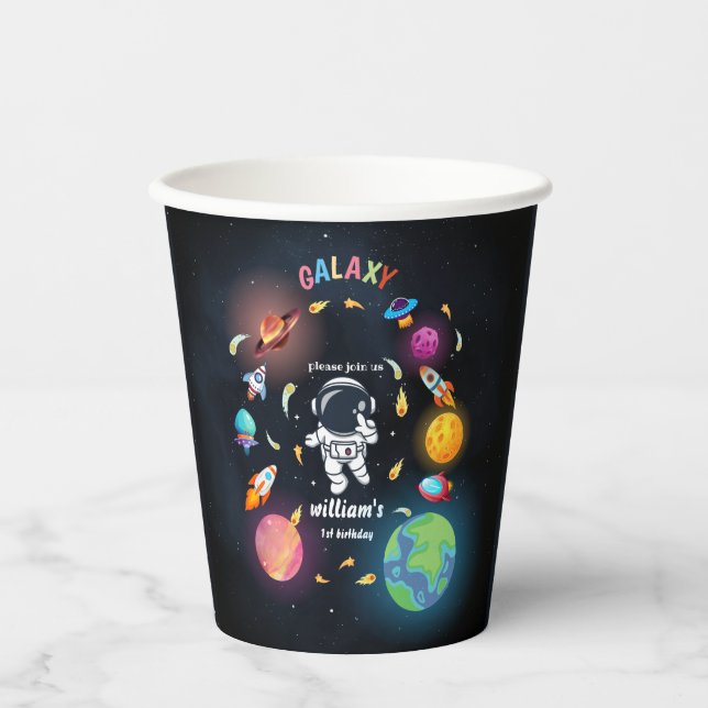 Boy Planet Alien Stars Weltraumgalaxie 1. Geburtst Pappbecher (Vorderseite)