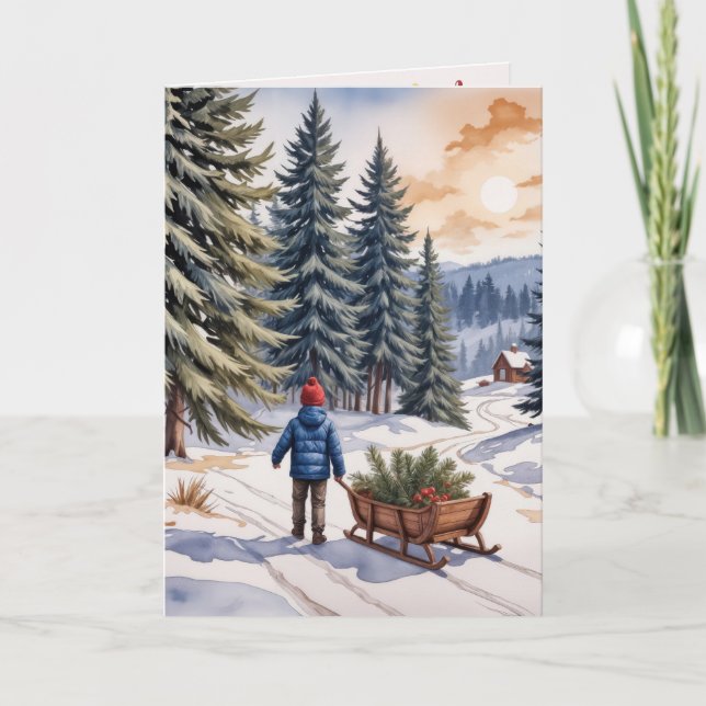 Boy Pulling a Sled With Christmas Evergreen Boughs Karte (Vorderseite)