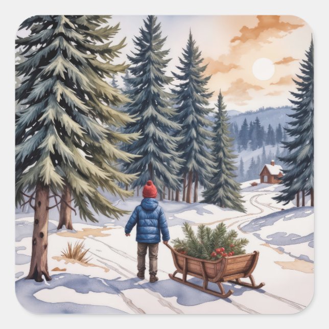 Boy Pulling a Sled With Christmas Evergreen Boughs Quadratischer Aufkleber (Vorderseite)