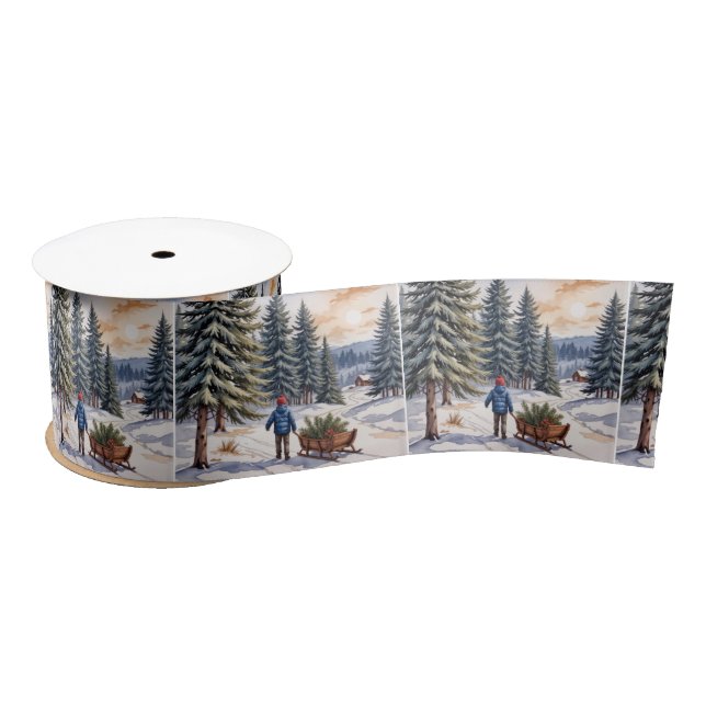 Boy Pulling a Sled With Christmas Evergreen Boughs Satinband (Spule)