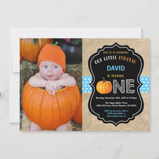 Boy Pumpkin Erstgeburt Einladung Burlap (Vorderseite)