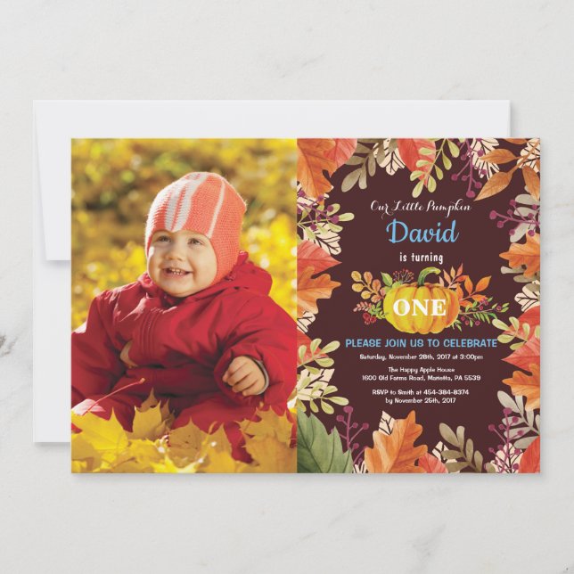 Boy Pumpkin Fall Birthday Einladung (Vorderseite)