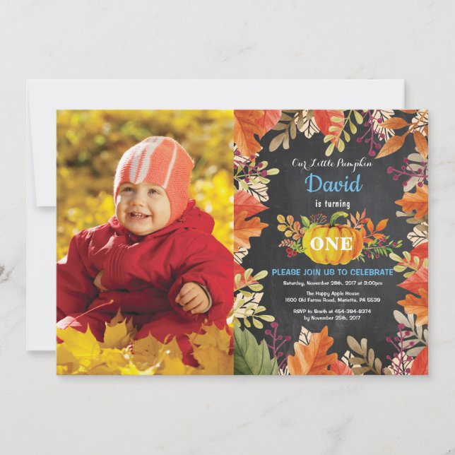 Boy Pumpkin Fall Birthday Einladung (Vorderseite)