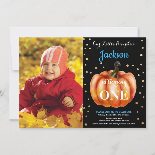 Boy Pumpkin Fall Geburtstag Einladung Gold (Vorderseite)