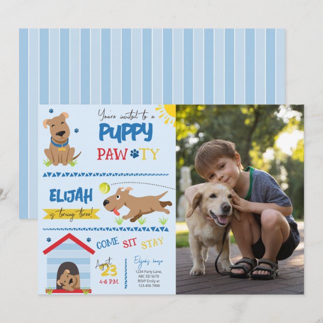 Boy Puppy Birthday Pawty Foto Einladung (Vorne/Hinten)