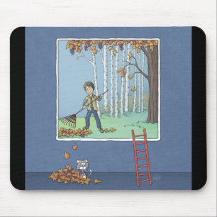 Boy raking Blätter Mauspad
