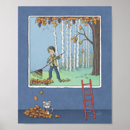 Boy raking Blätter Poster