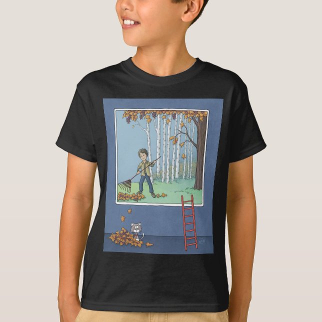 Boy raking Blätter T - Shirt (Vorderseite)