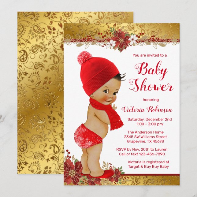 Boy Red Gold Christmas Baby Shower Ethnic Einladung (Vorne/Hinten)