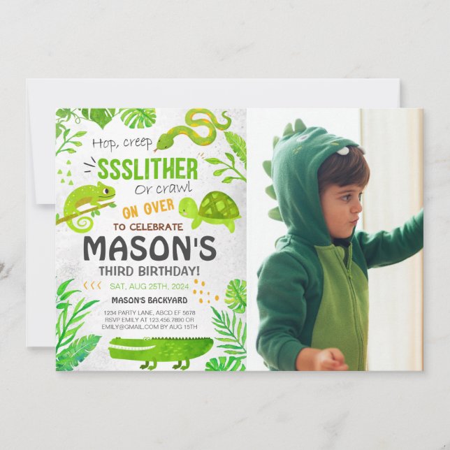 Boy Reptile Tiere Geburtstag Foto Einladung (Vorderseite)