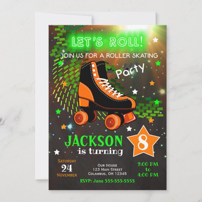 Boy Roller Patinage Anniversaire Invitation Neon (Devant)