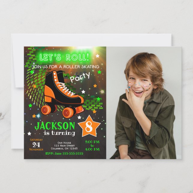 Boy Roller Skating Birthday Invitation Neon (Devant)