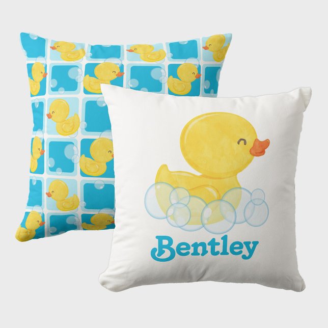 Boy Rubber Duck Personalisierter Name Kissen (Boy Watercolor Rubber Duck Throw Pillow Personalized with Name)