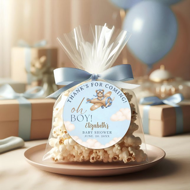 Boy’s Baby Shower with Cute Aviator Teddy Bear Runder Aufkleber (Von Creator hochgeladen)
