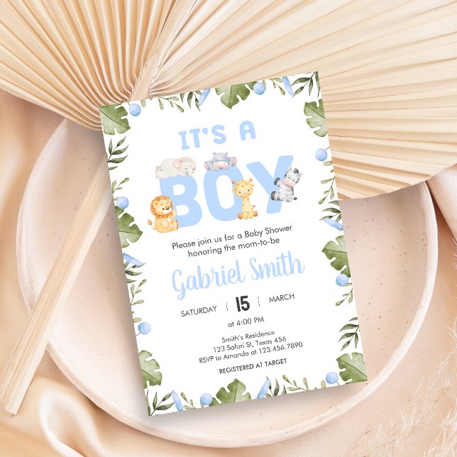 Boy Safari Animal Baby Shower  Einladung (Safari Jungle Animals Baby Shower Invitation)