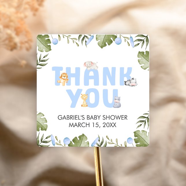 Boy Safari Animal Baby Shower  Quadratischer Aufkleber (Safari Jungle Animals Baby Shower Sticker)