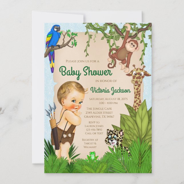 Boy Safari Animal Jungle Baby Dusche Einladung (Vorderseite)