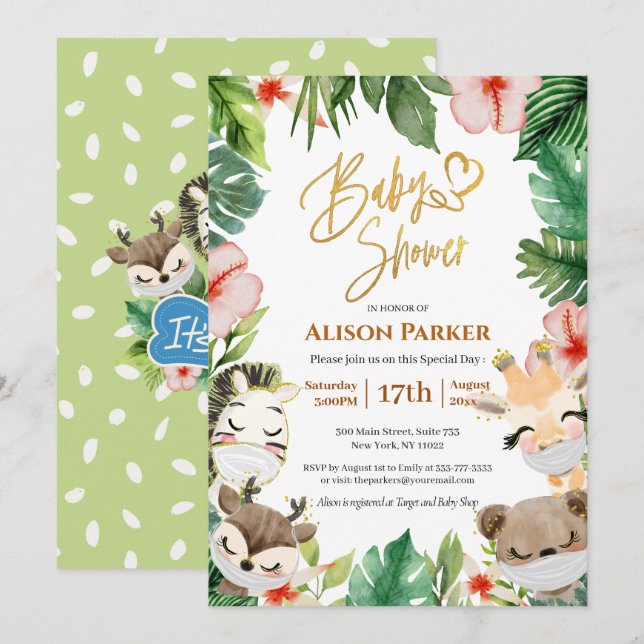 Boy Safari Animals Jungle Greenery Baby Boy Shower Einladung (Vorne/Hinten)