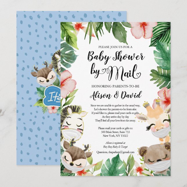 Boy Safari Animals Jungle Greenery Shower by Mail Einladung (Vorne/Hinten)