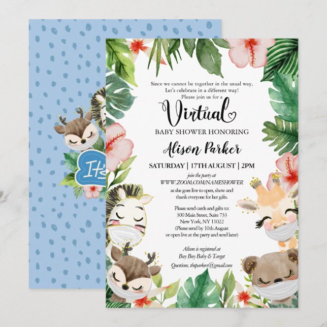 Boy Safari Animals Jungle Greenery Virtual Shower Einladung (Vorne/Hinten)