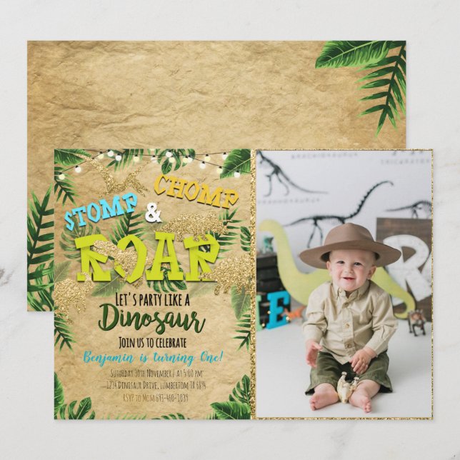Boy Safari Dinosaur Geburtstag Einladung mit Foto (Vorne/Hinten)