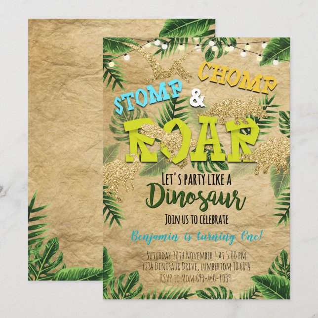 Boy Safari Dinosaur Invitation Anniversaire (Devant / Derrière)