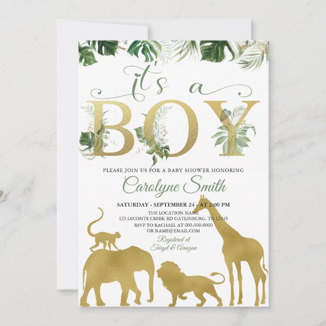 Boy Safari Jungle Animals Gold Baby Dusche Einladung (Vorderseite)